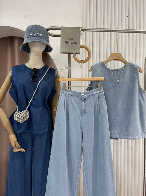 Denim Round Neck Pleated Back Tops with Trousers Sets